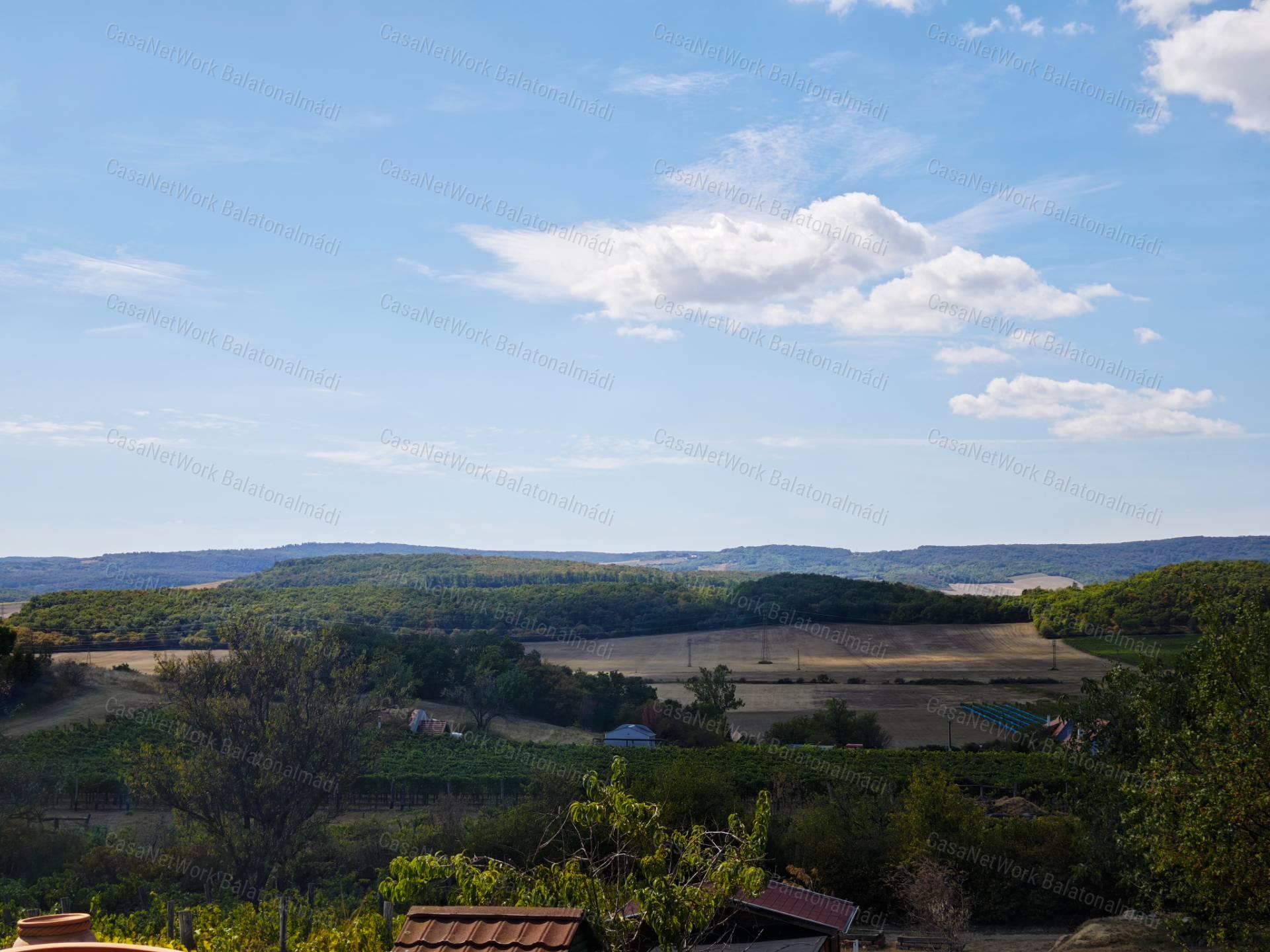 Mediterrán hangulatú tájpanorámás zártkert fele eladó Balatonszőlősön